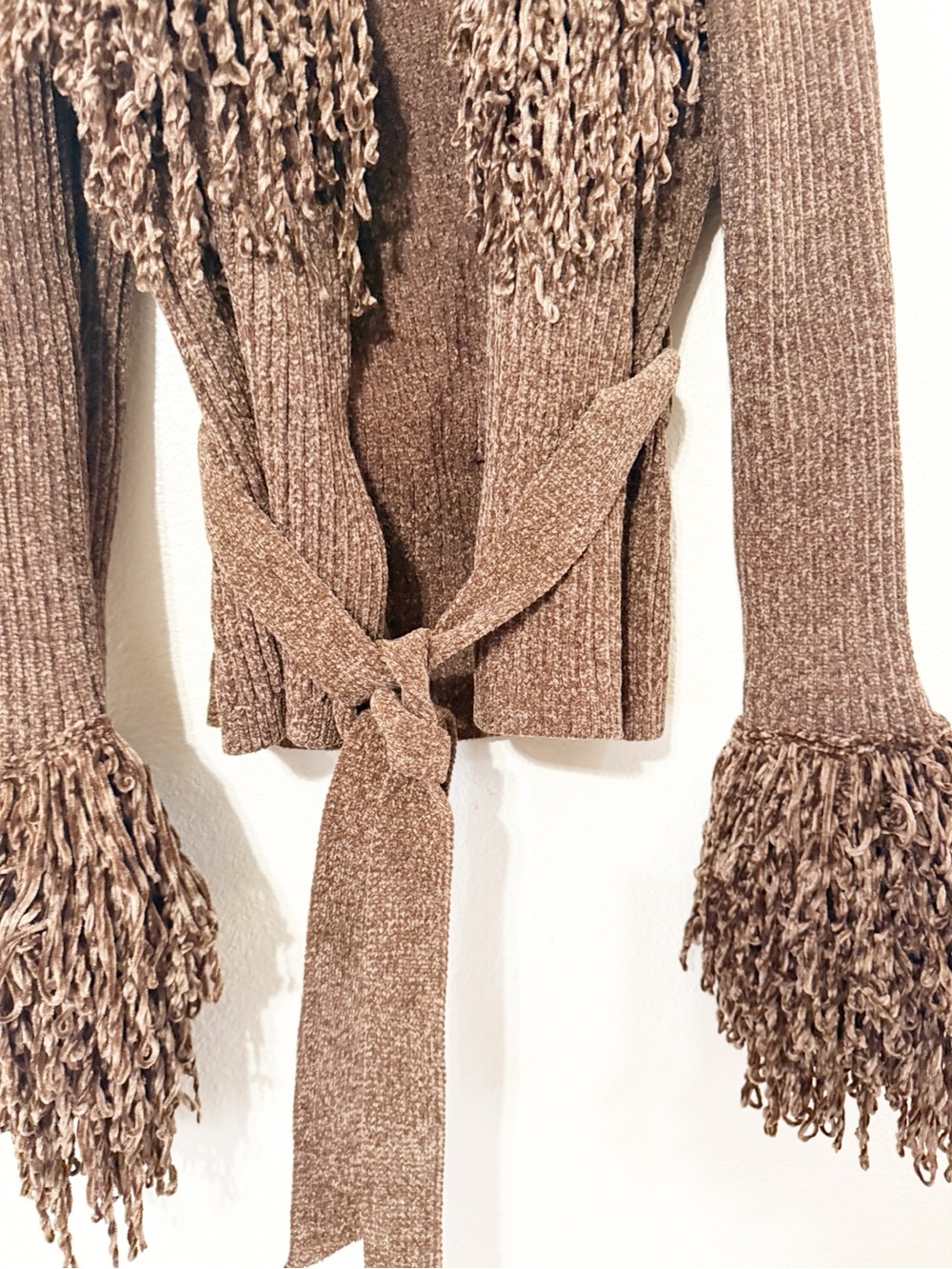 Naked Wardrobe Knit Fringe V-Neck Cardigan Brown Chenille Wrap Size Large - Picture 12 of 13